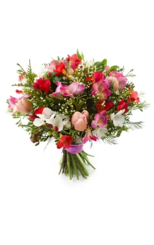 A vibrant bouquet featuring delicate pink and white flowers arranged beautifully.