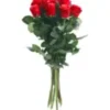 A vibrant bouquet of red roses elegantly arranged in a clear glass vase.