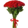 A vibrant bouquet of red roses elegantly tied with a red ribbon, showcasing beauty and romance.