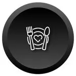 Black and white icon featuring a fork and spoon placed on a circular plate.