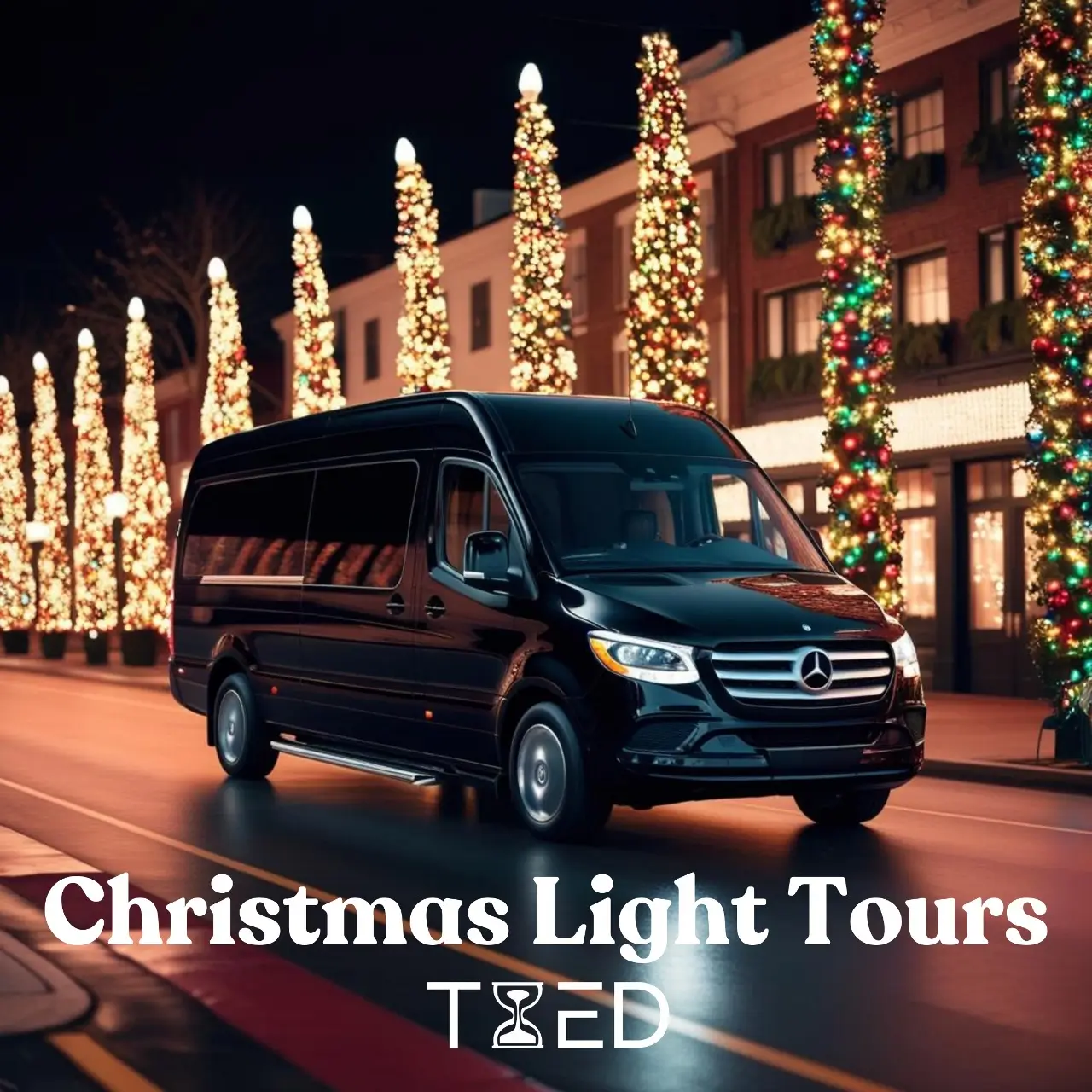 A festive scene showcasing a Mercedes-Benz adorned with colorful Christmas lights during a holiday light tour.