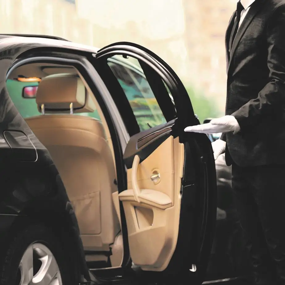 A man in a suit stands confidently beside a sleek car, exuding professionalism and style.